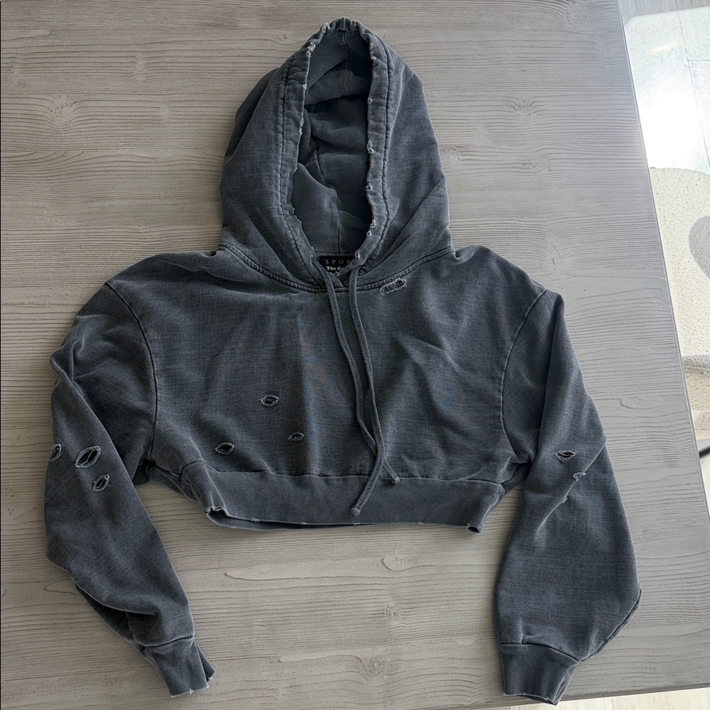 Kooples Cropped Distressed Hoodie Sweater - Charcoal Gray